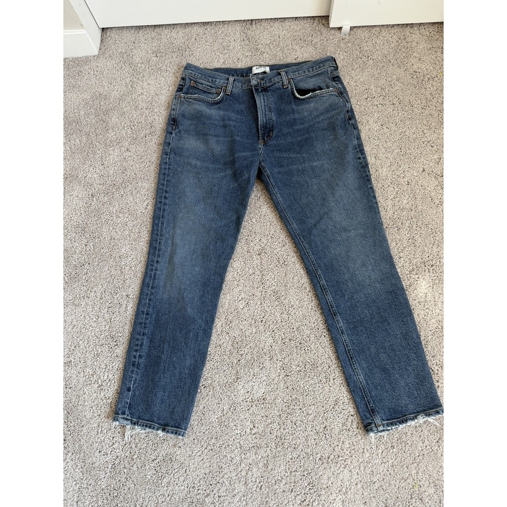 Agolde Willow Mid Rise Slim Straight Jean Cropped Rush Blue Wash Women Size 30‎
